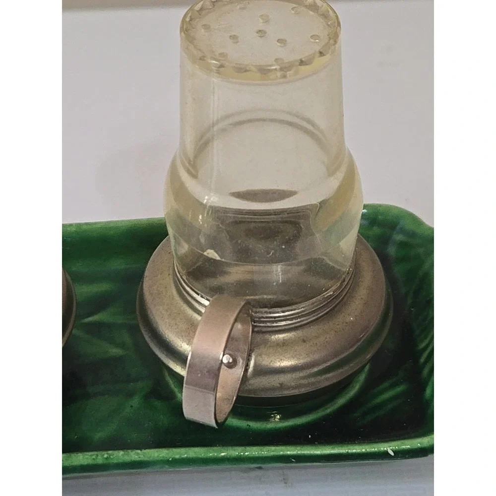 Vtg Japan Salt & Pepper Shakers Oil Lamp Metal Plastic Platform Hurricane MCM 3